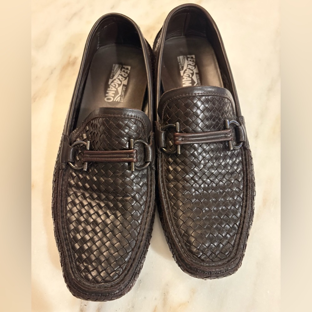 Salvatore Ferragamo Men's Dark Brown Woven Loafers